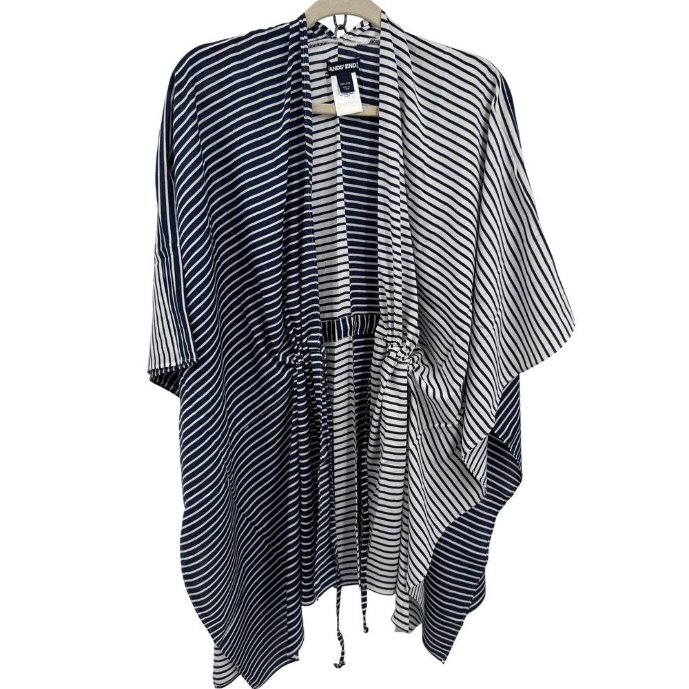 Lands End Kimono Cardigan Womens One Size Navy Ivory Striped Drawstring Cover Up